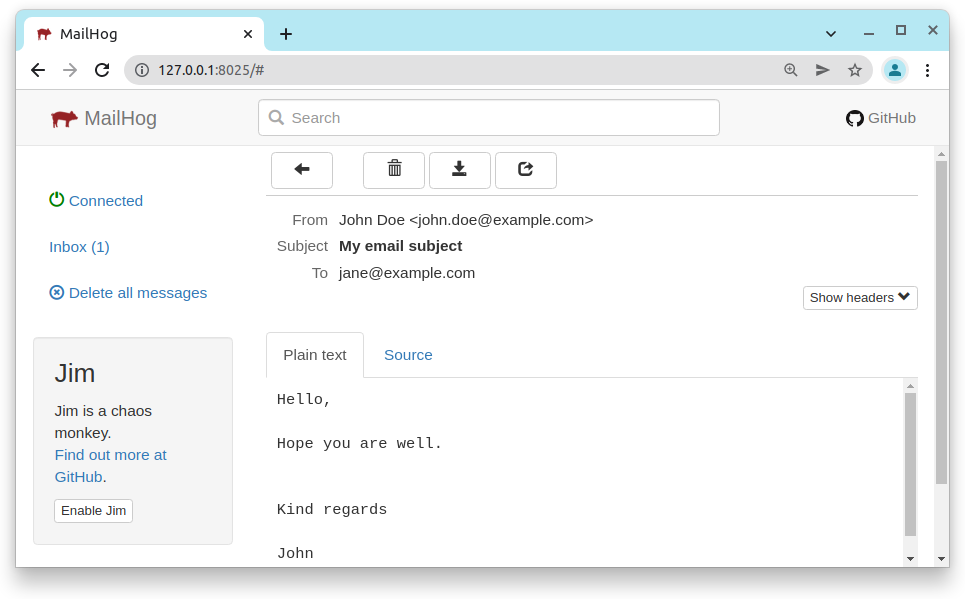 Mailhog has a tab to see the plain text of an email.